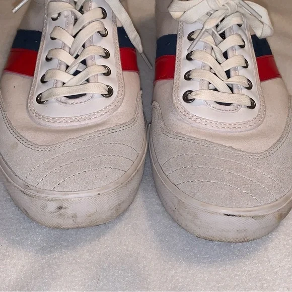 Original Penguin Mens Sz 12 Sneakers White Red/Blue Stripes Canvas Leather - Picture 2 of 9